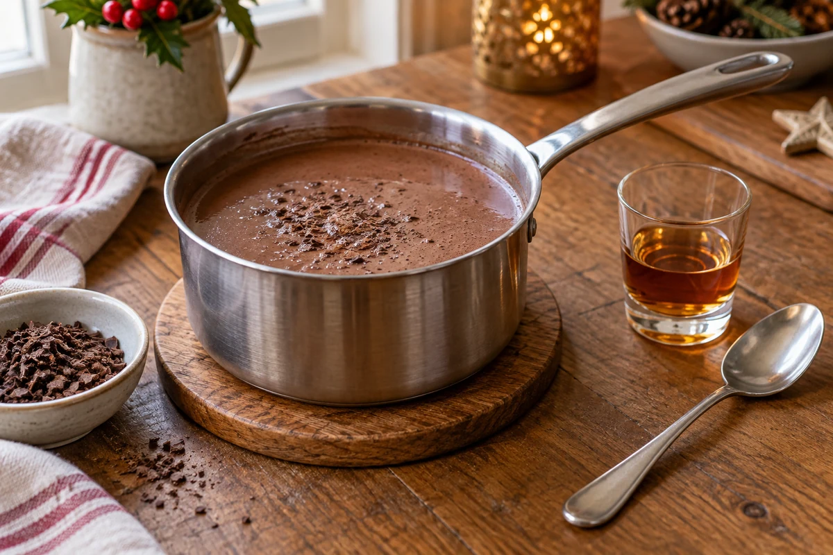 Hot chocolate in a saucepan with a measured liqueur portion
