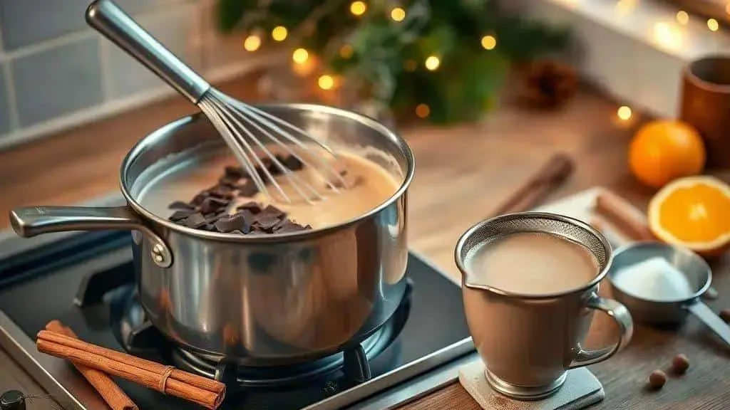 Hot chocolate in a saucepan with whisk and strainer Hot chocolate in a saucepan with whisk and strainer