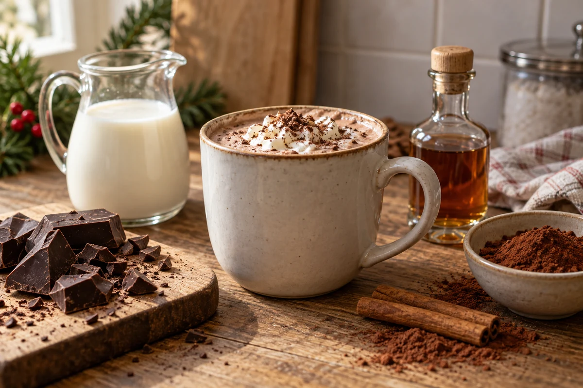 Hot chocolate ingredients on a kitchen counter