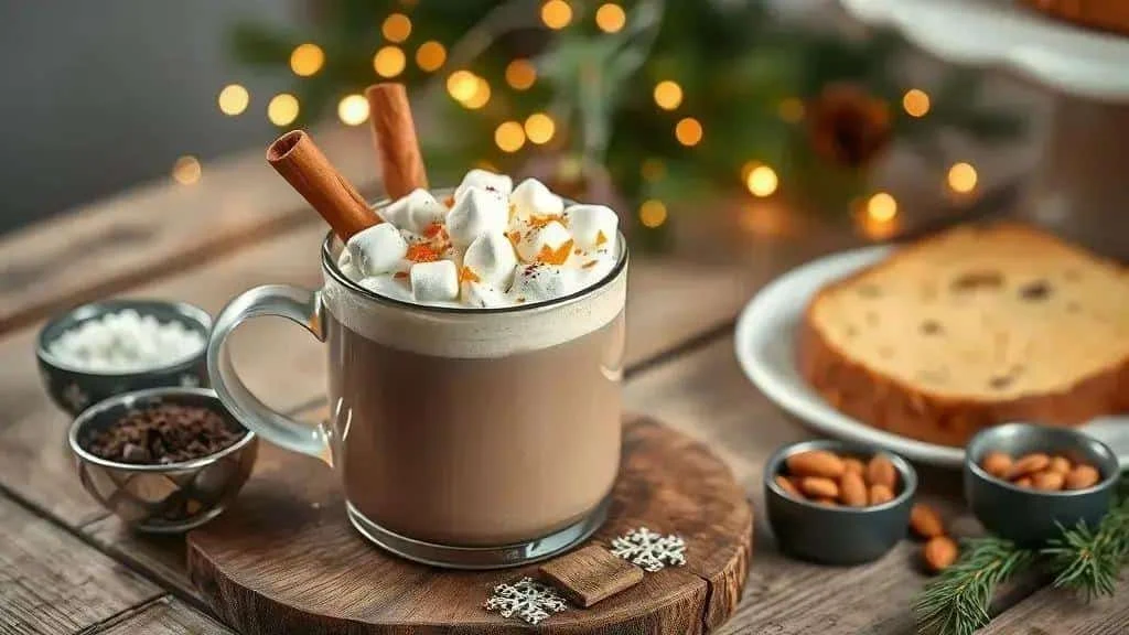 Hot chocolate served with cake and nuts