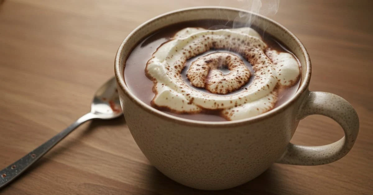 Hot chocolate topped with cream and cocoa