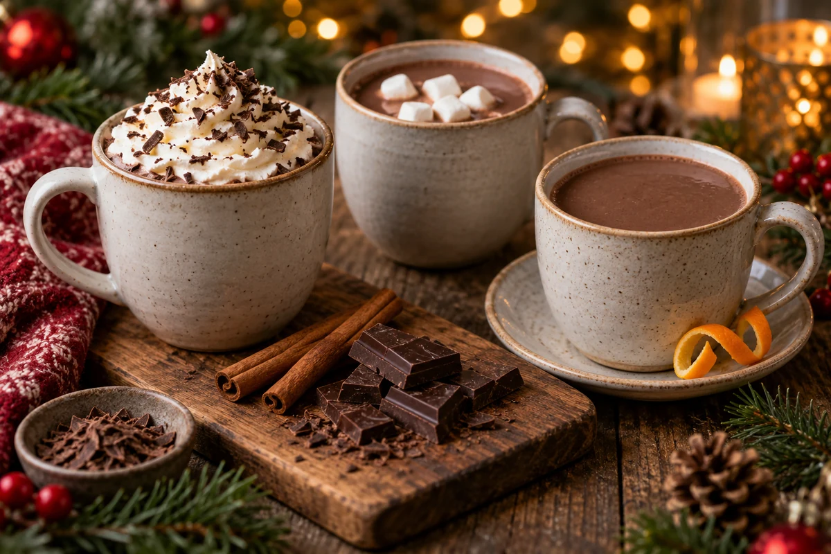Hot chocolate variations in three mugs without branded bottles Hot chocolate variations in three mugs without branded bottles