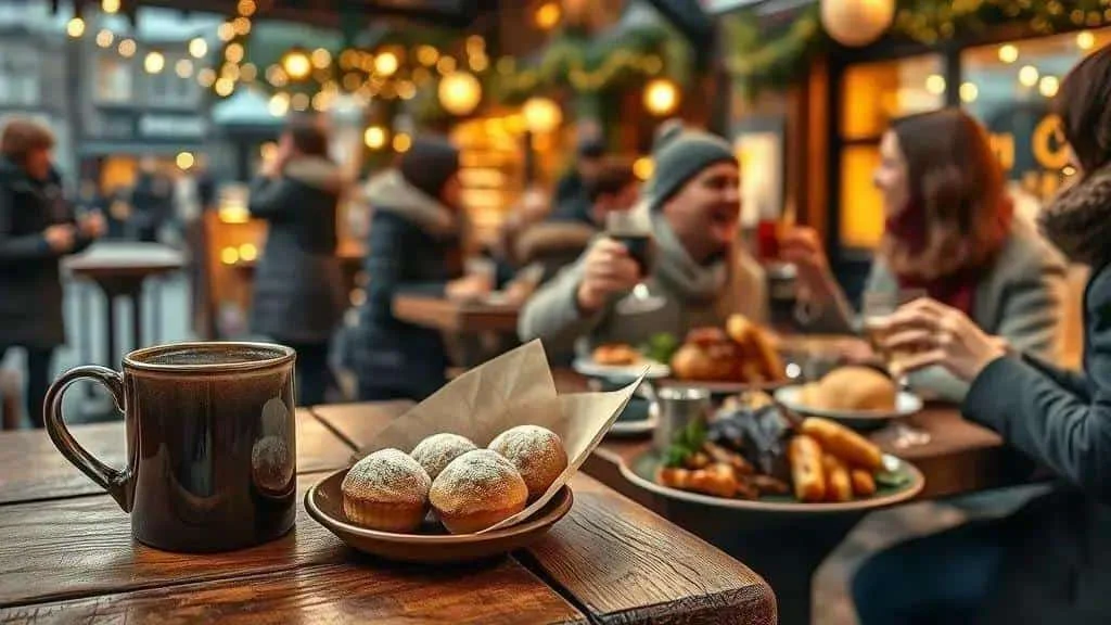 Hot drink and pastries at a festive market table