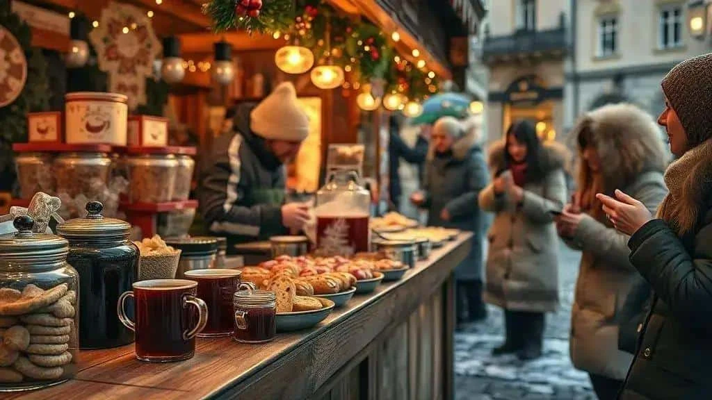 Hot drinks and pastries displayed at a festive market stall Hot drinks and pastries displayed at a festive market stall