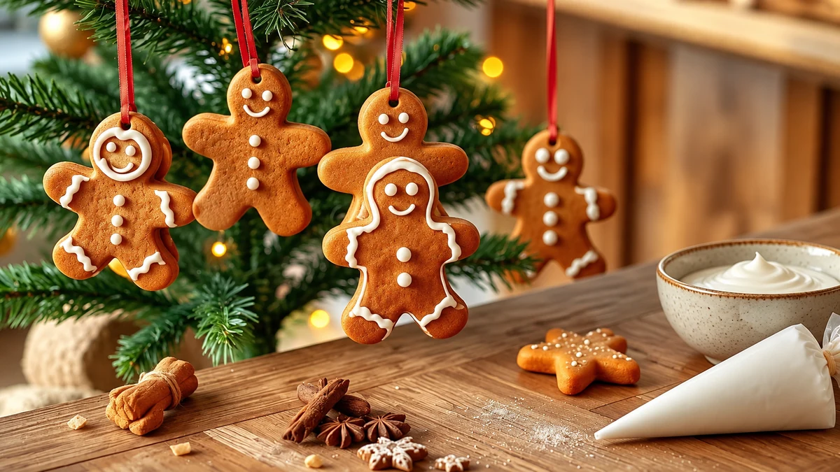 Iced gingerbread people hanging on a Christmas tree beside a bowl and bag of icing