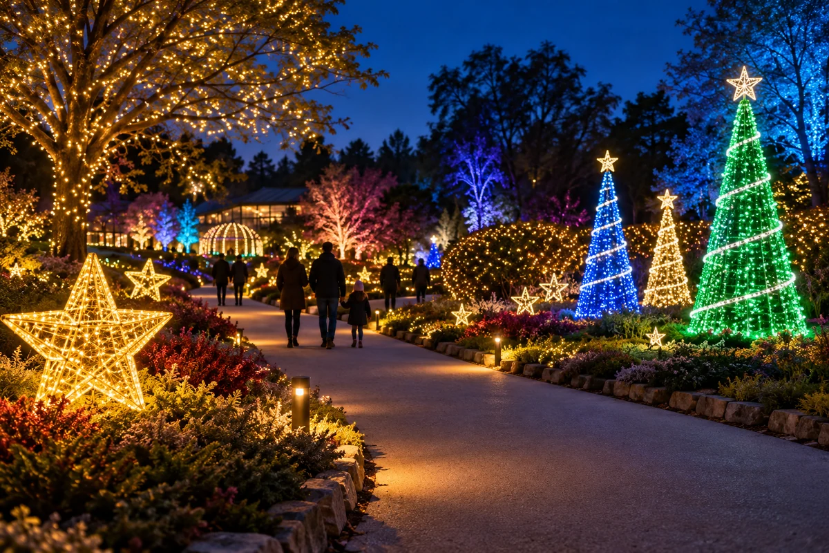 Illuminated garden path with decorative LED stars and trees