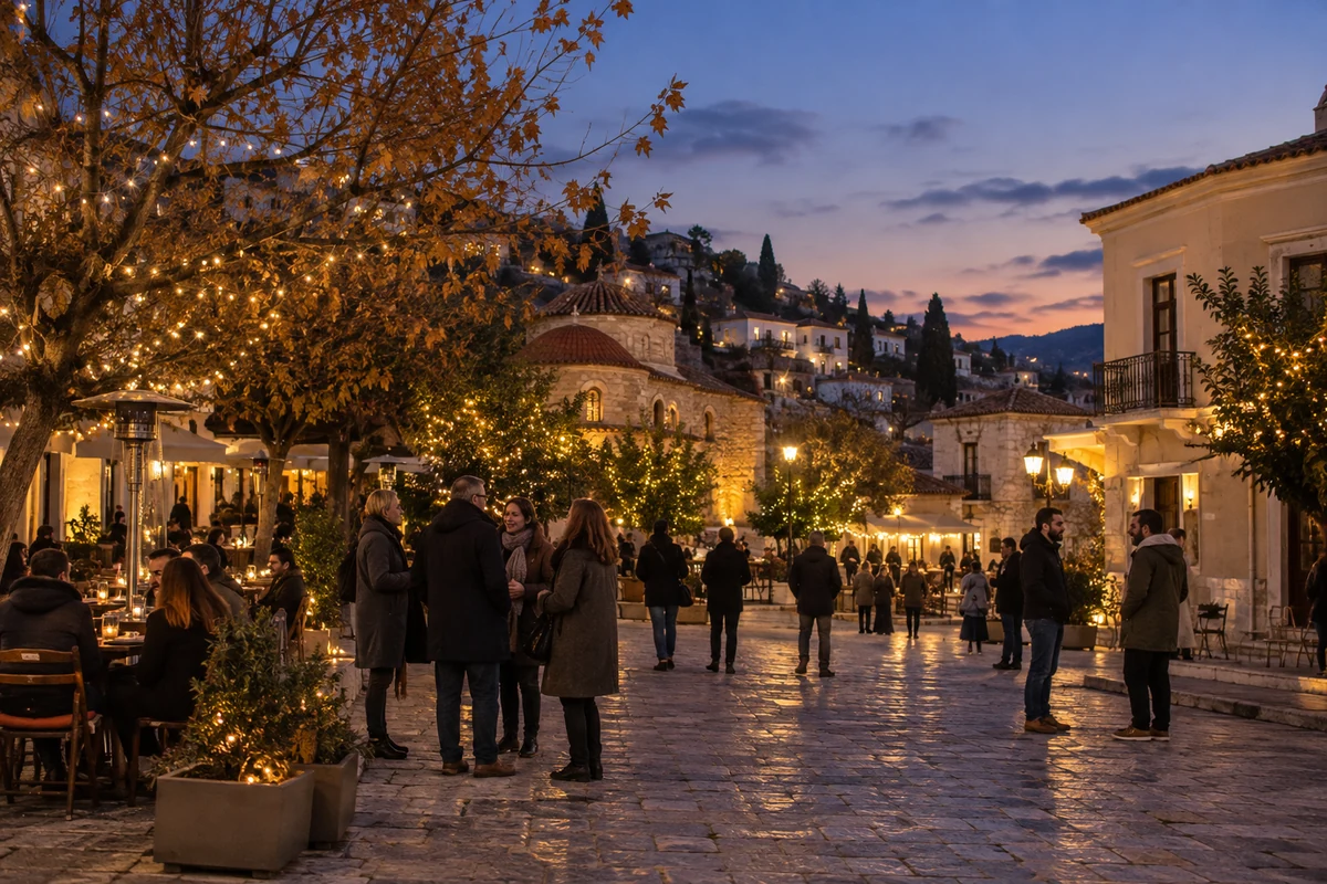 Illuminated Greek-inspired town square in winter