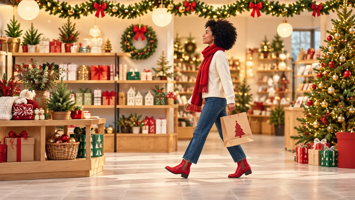 Illustrated adult walking through a festive shop with a shopping bag