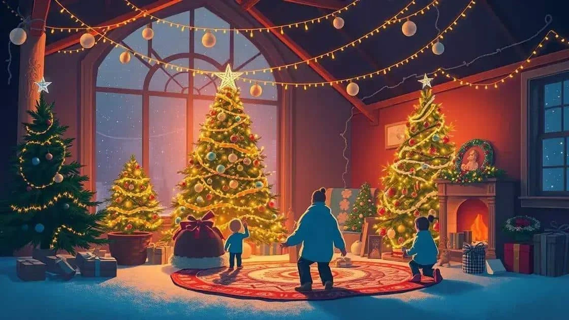 Illustrated Christmas room with decorated trees