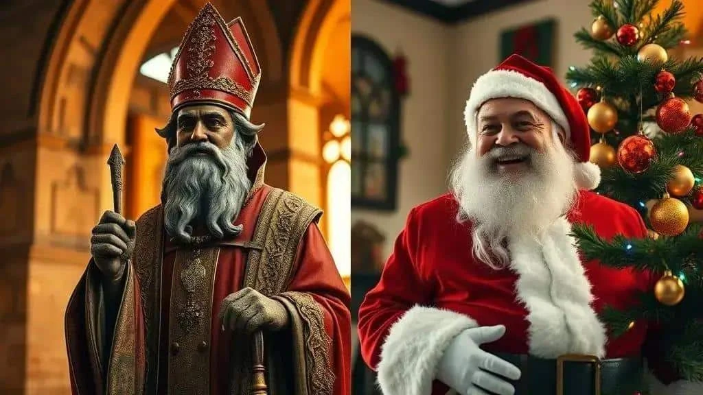 Illustrated contrast between a St Nicholas statue and Santa Claus