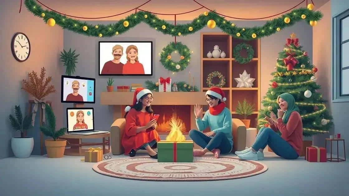 Illustrated family connecting by video at Christmas