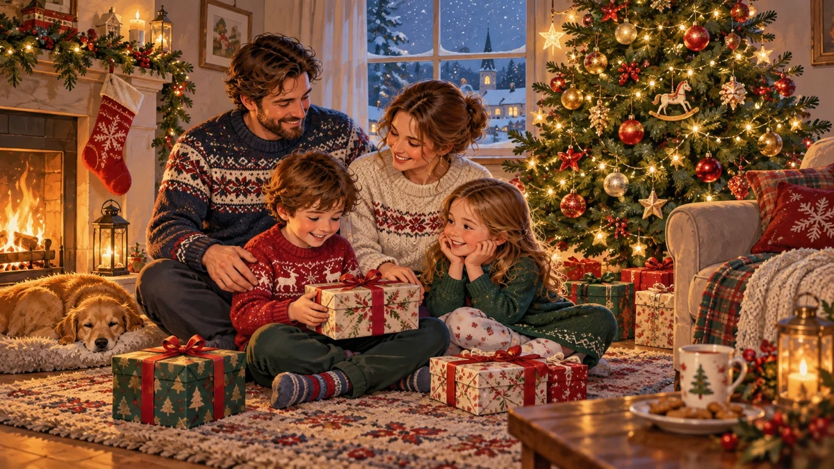 Illustrated family sharing a Christmas moment Illustrated family sharing a Christmas moment