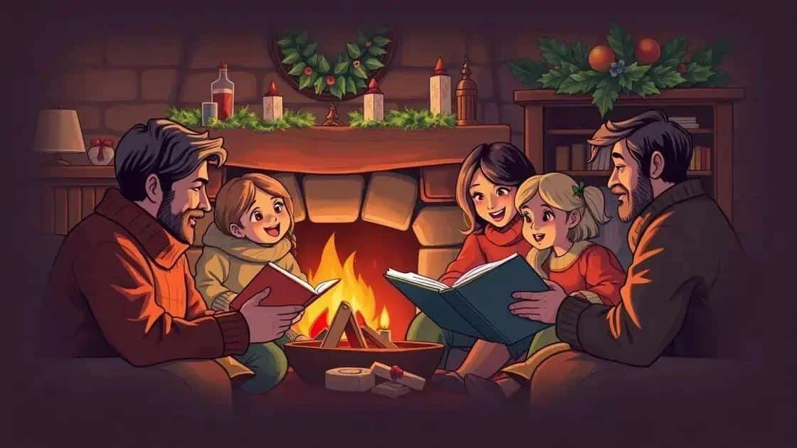 Illustrated family sharing a Christmas story Illustrated family sharing a Christmas story