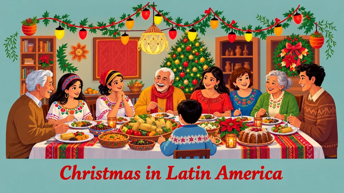 Illustrated family sharing Christmas dinner in Latin America