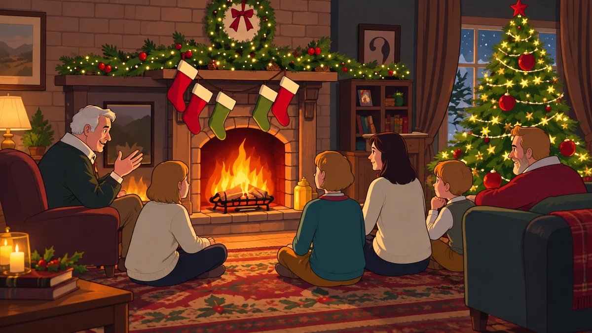 Illustrated family sharing stories by a Christmas tree