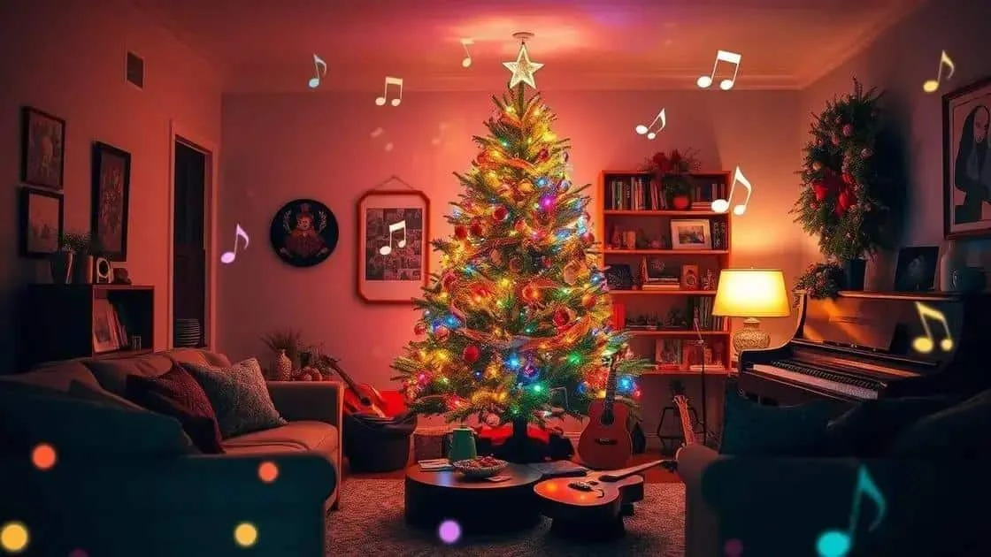 Illustrated festive sitting room with a piano and musical notes