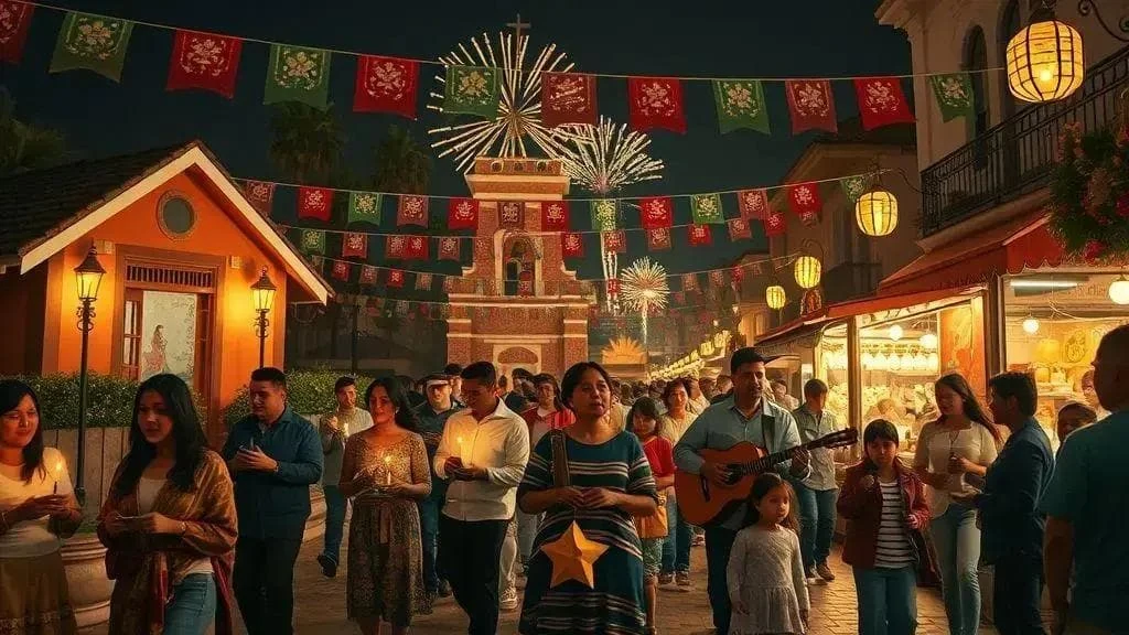 Illustrated festive street gathering beneath papel picado