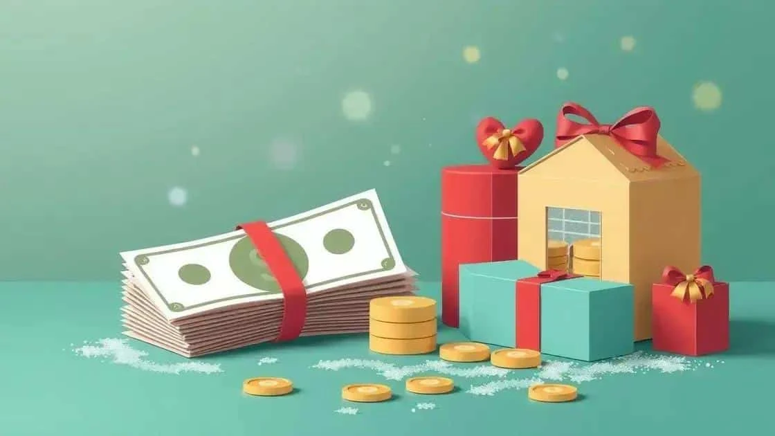 Illustrated gifts and a model house beside coins and stylised notes