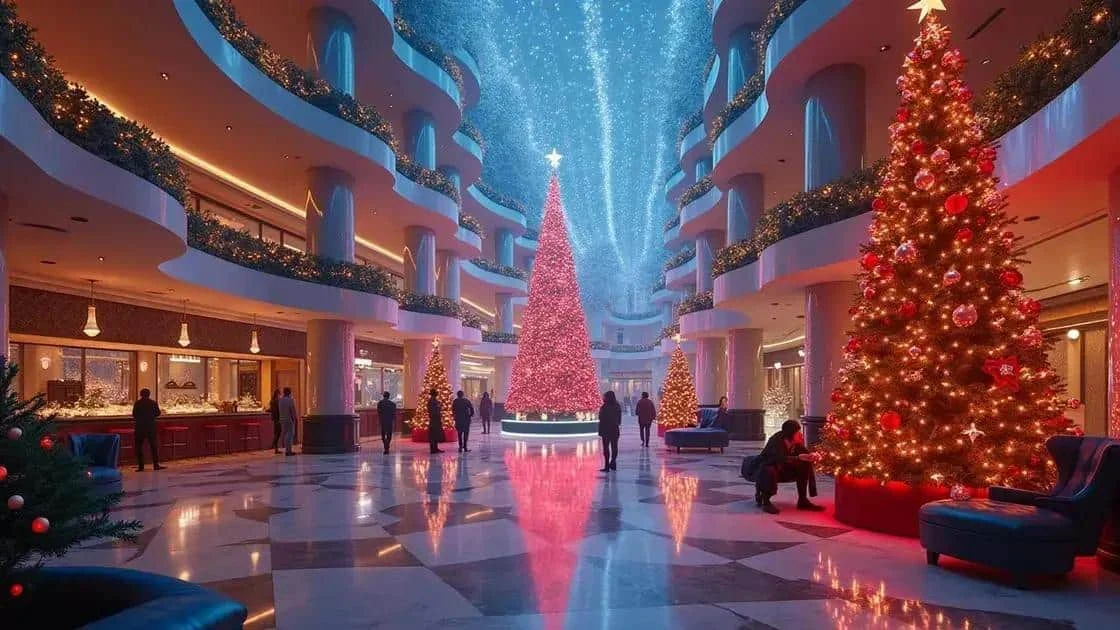 Illustrated hotel atrium decorated for Christmas Illustrated hotel atrium decorated for Christmas