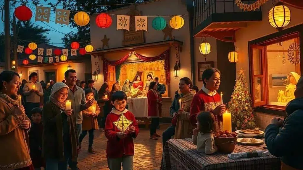 Illustrated Mexican Christmas gathering with lights and a nativity display