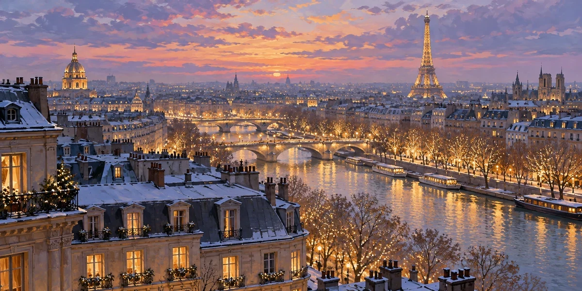 Illustrated Paris inspired winter skyline at twilight