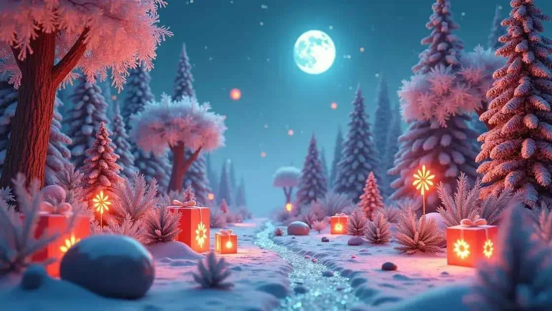 Illustrated winter landscape with Christmas gifts
