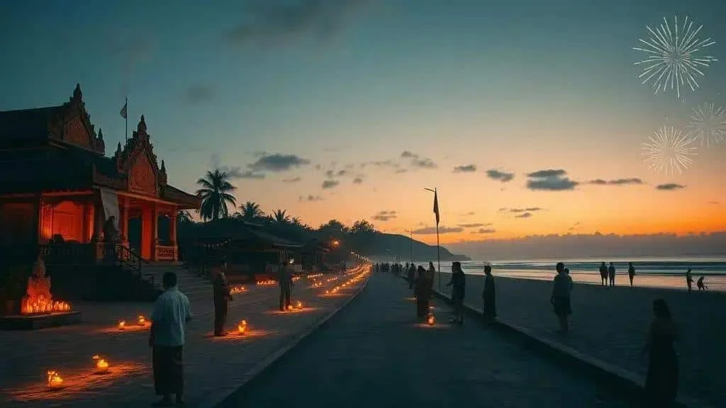 Illustration of a Balinese temple and festive evening lights