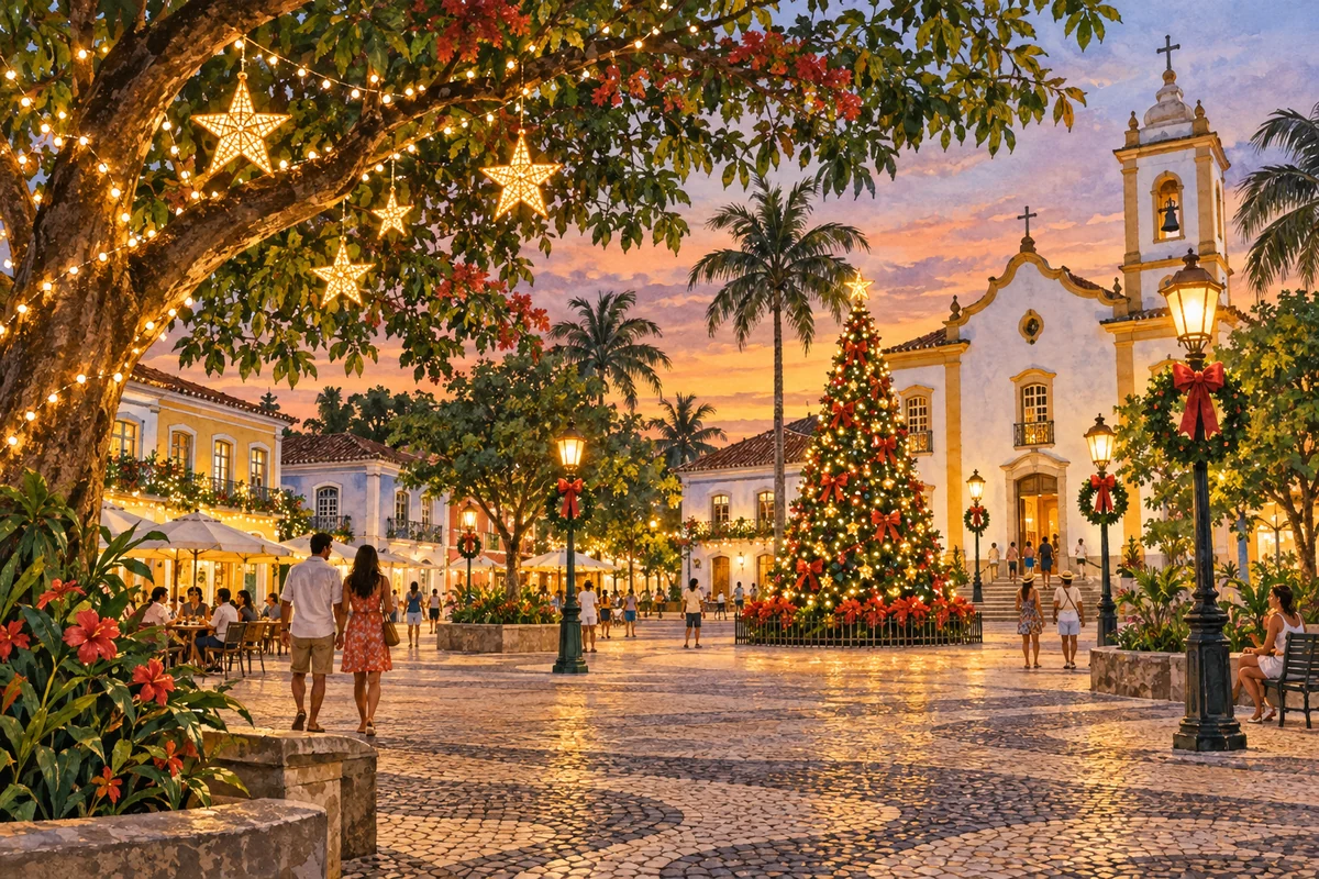 Illustration of a Brazilian Christmas square on a summer evening Illustration of a Brazilian Christmas square on a summer evening