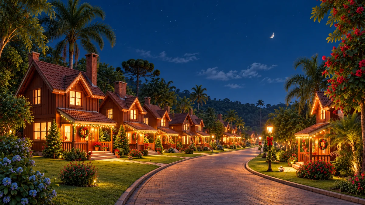 Illustration of a Brazilian village celebrating Christmas in summer