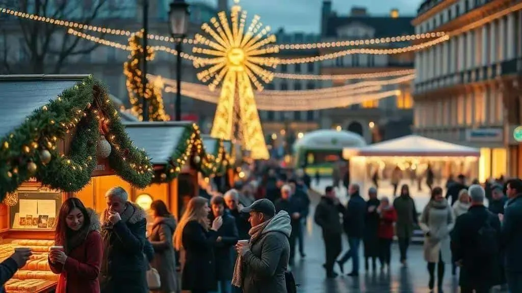 Illustration of a busy Christmas market and illuminated street