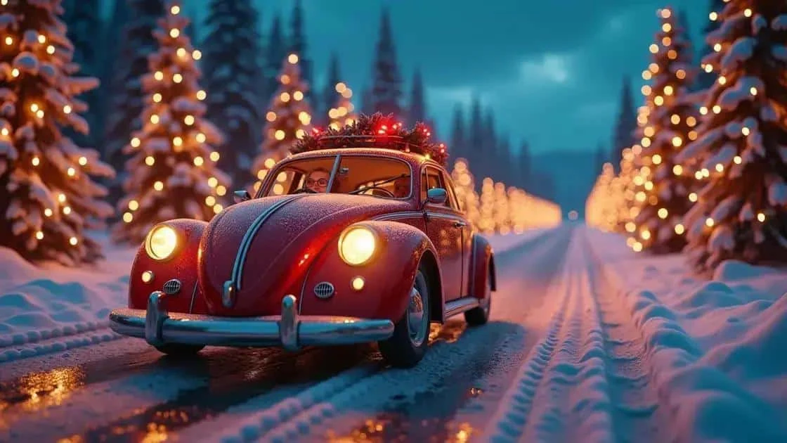 Illustration of a car on a wintry Christmas road