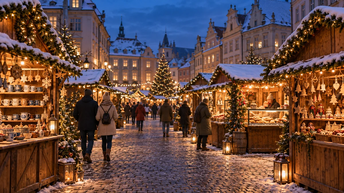 Illustration of a Central European market with warm Christmas lights