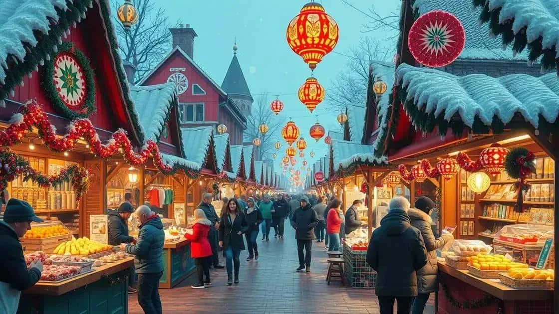 Illustration of a Christmas market with red lanterns