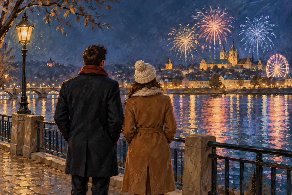 Illustration of a couple watching festive lights across a river