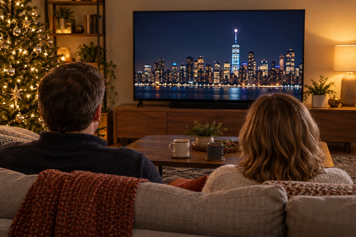 Illustration of a couple watching televised night-time celebrations at home