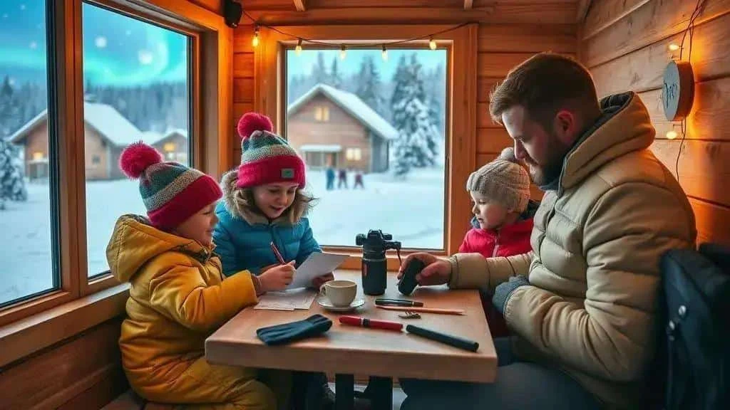 Illustration of a family drawing at a table inside a warm winter cabin