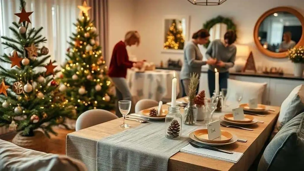 Illustration of a festive dining table set for Christmas guests