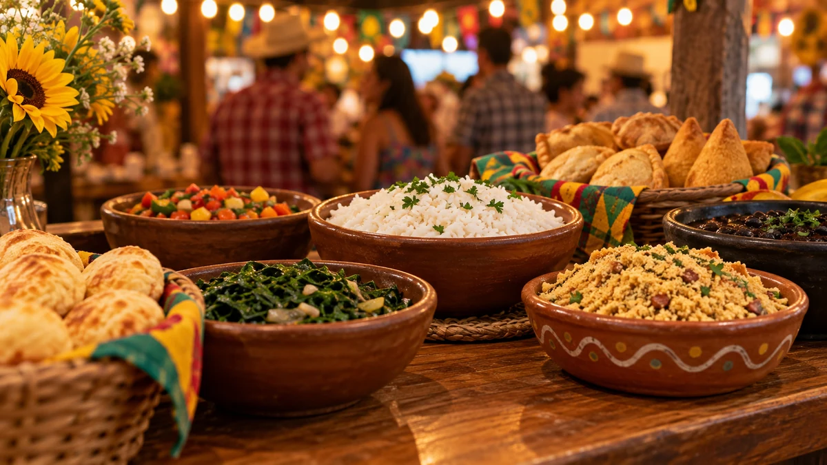 Illustration of a festive food market with Christmas lights