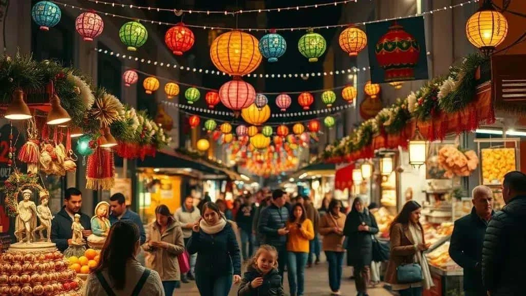 Illustration of a festive Mexican-style market