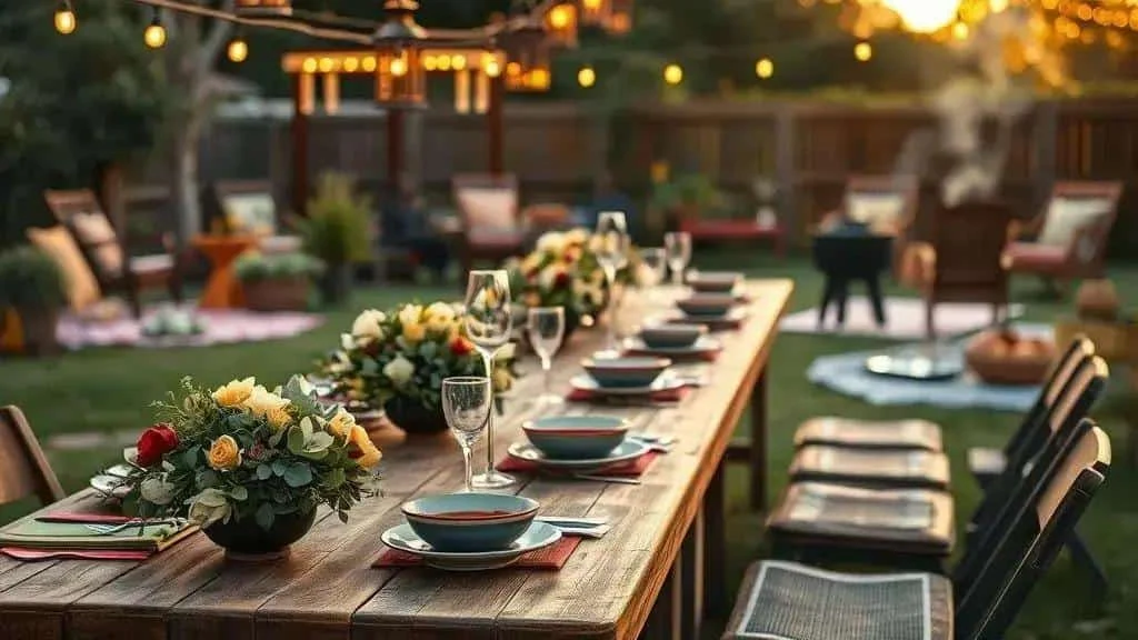 Illustration of a garden dining table with flowers and festive lights