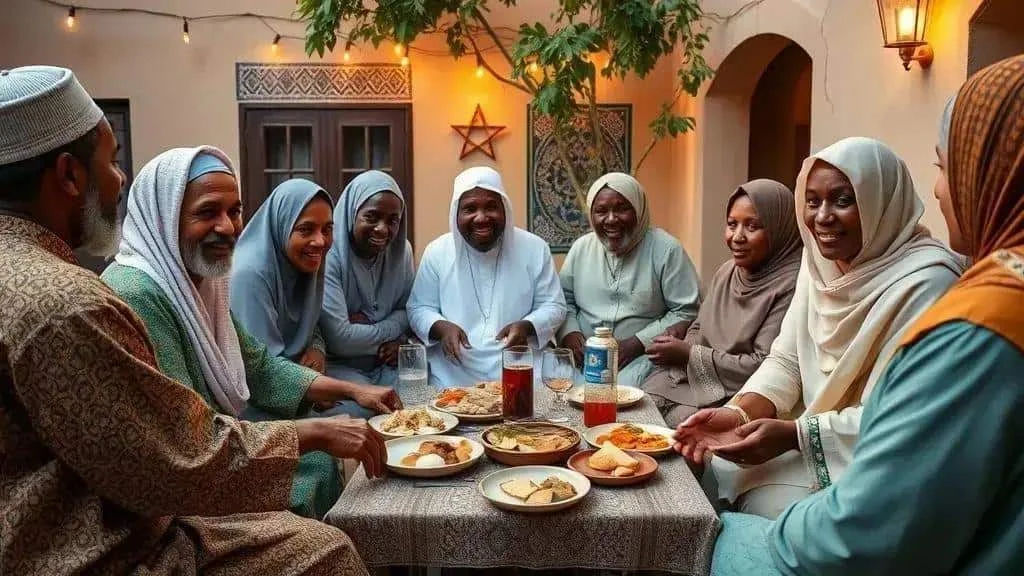 Illustration of a group sharing a meal in a domestic courtyard