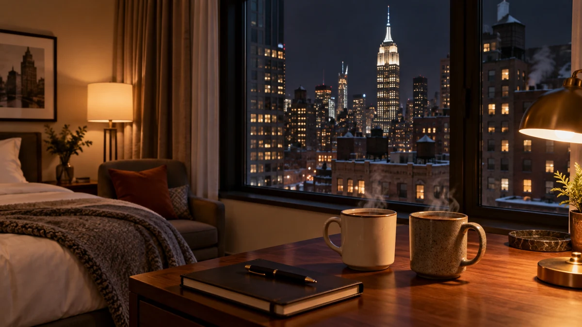 Illustration of a hotel room with an ordinary winter city view