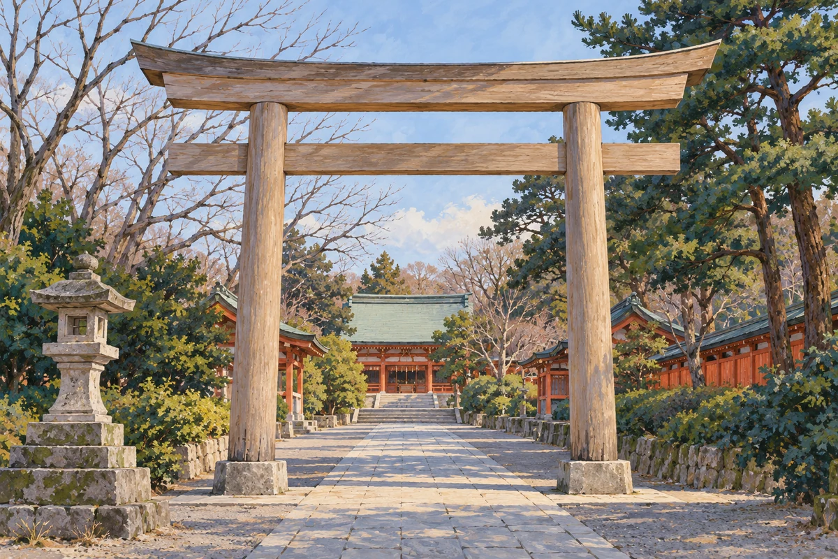 Illustration of a Japanese shrine entrance in winter