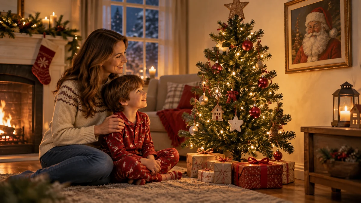 Illustration of a parent and child beside a Christmas tree Illustration of a parent and child beside a Christmas tree
