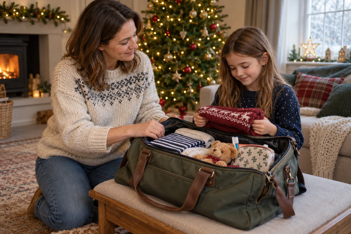 Illustration of a parent and child packing a bag for a Christmas visit Illustration of a parent and child packing a bag for a Christmas visit