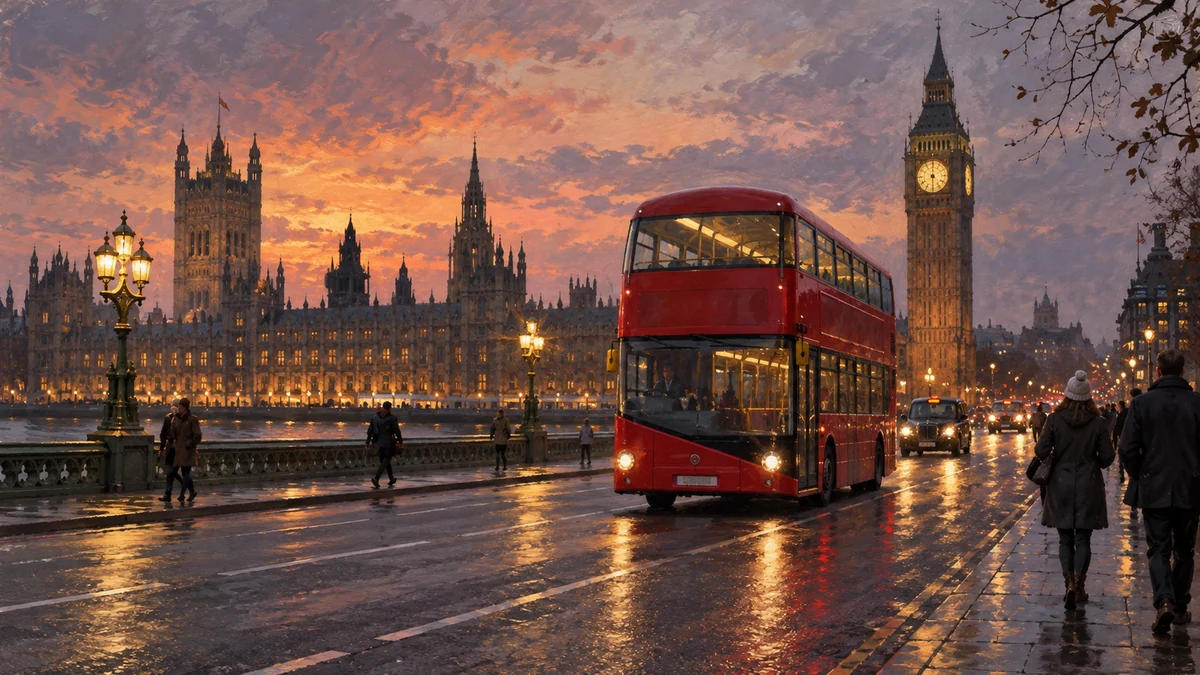 Illustration of a red London bus on a winter evening