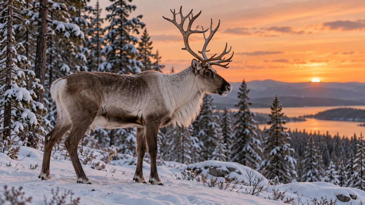 Illustration of a reindeer in a snowy forest