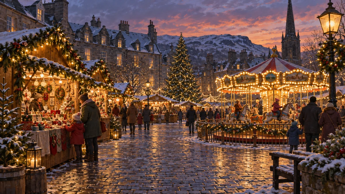 Illustration of a Scottish festive fair with a carousel