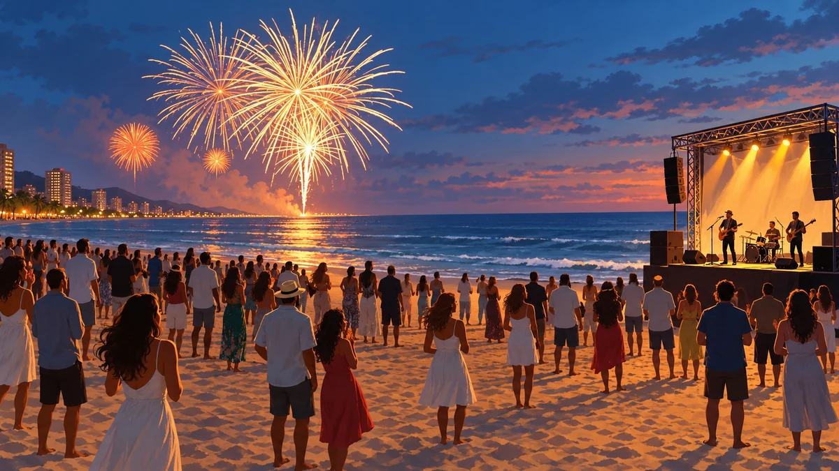 Illustration of a seaside concert and offshore fireworks