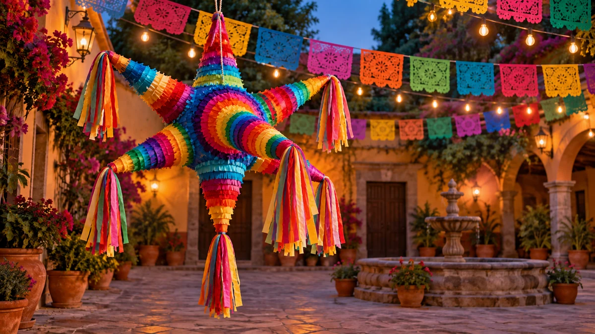Illustration of a seven-point star piñata in a festive courtyard